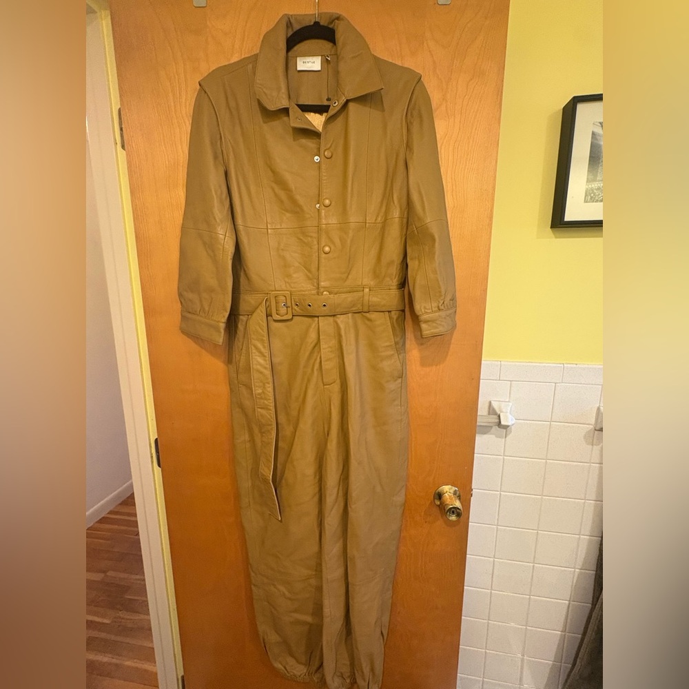 Gestuz Genuine Leather Women's Belted Jumpsuit - Tan